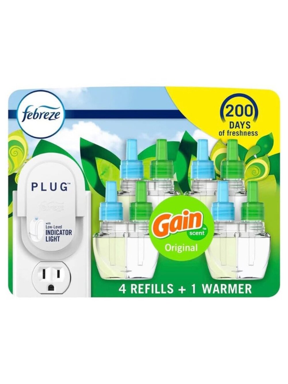 NEW! Febreze Plug Air Freshener, Gain Original Scent, 4 Refills + 1 Warmer